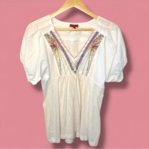 Anthropologie (One September) White Blouse with Colorful Embroidery